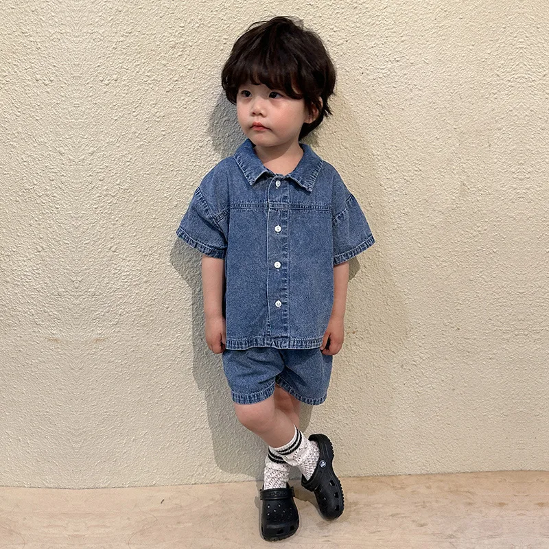 Summer Denim Set Turn-down Collar T-shirt Simple Shorts Jeans Girls\' Dresses Sibling Outfits Casual Dresses For Children Girls