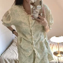 Ruffles Women Pajamas Sets for Home Summer Floral Sleepwear Shorts Sleeve Lace 2 Pieces Button Night Wears Korean Home Suit 2024