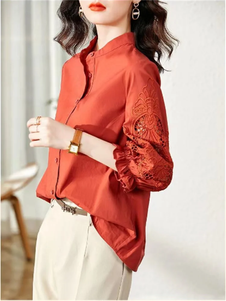 Lantern Sleeve Blouses Women Shirt Hollow Out Half Sleeve Shirt Summer Blouse Loose Cardigan Top Grace Embroidered Female Shirt