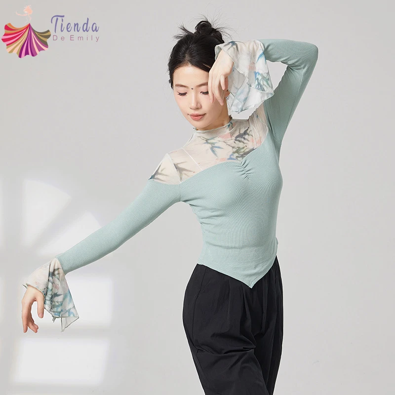 Women's Stage Outfit Classical Dance Performance Spliced Floral Printed Gauze Mesh Long Sleeve Elegant Blouse Practice Clothing