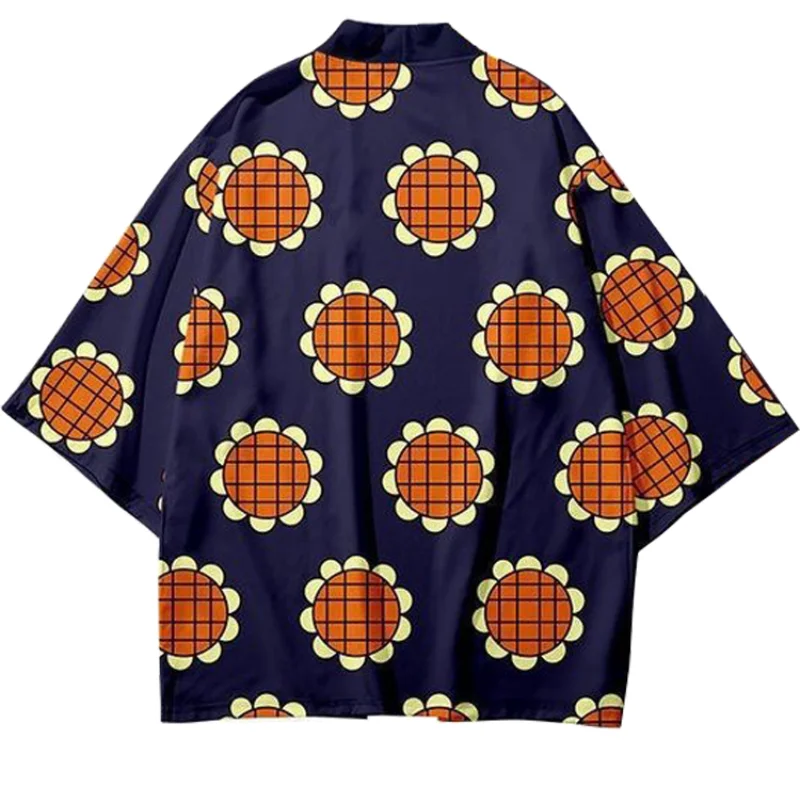 신상품 애니메이션 코스프레 의상 여름 여성 남성 해바라기 프린트 일본식 기모노 가디건 하오리 망토