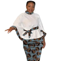 Africano Imprimir Mulheres Ankara Outfits Stand Collar Patchwork Tops E Saias Moda Feminina Ternos Do noivo Dashiki Camisa Com Cinto