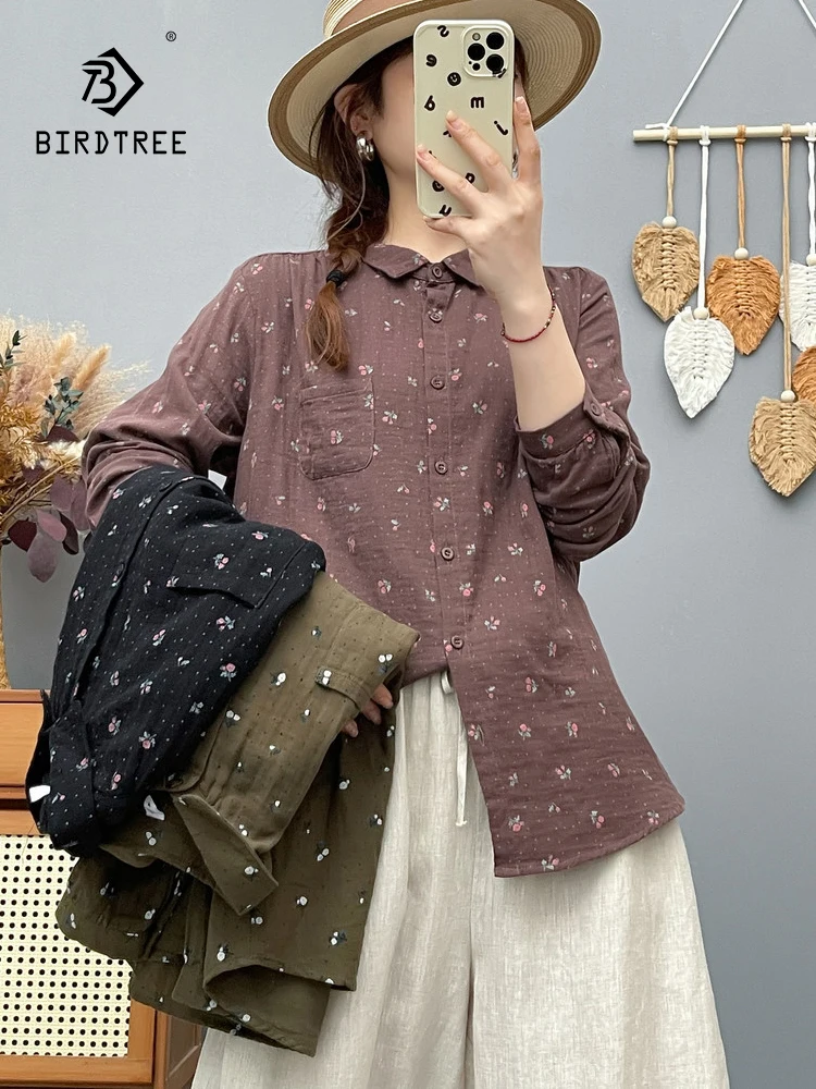 

New 2025 Autumn Cotton Yarn Long Sleeve Shirt, Women Turn-down Collar Print, Mori Girl Soft OL Versatile Loose Blouse T57083CC