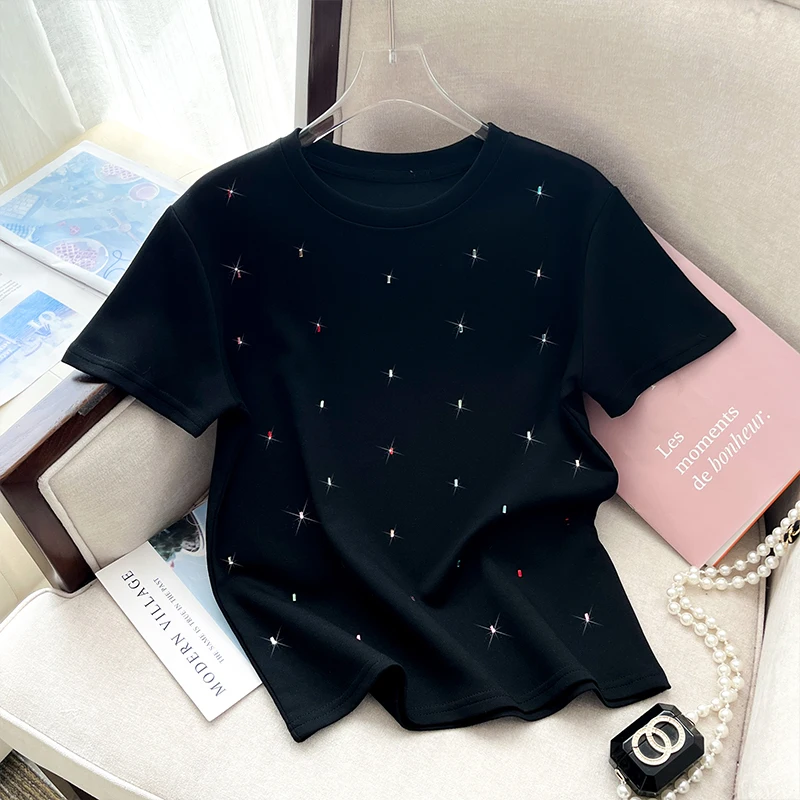 

T-shirt women 2024 summer Breathable High Quality Diamonds Short sleeve tops Pullovers Loose casual elasticity Bottoming shirt