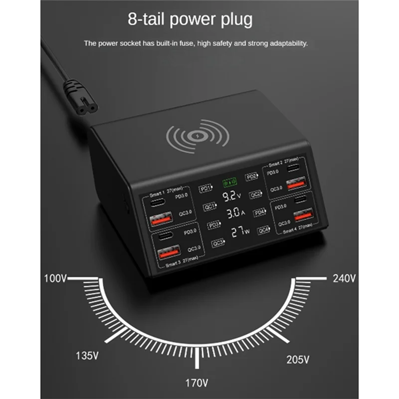 

Multi-Port Cell Phone Charger Power Compatible Led Intelligent Digital Display Screen 4-Way Charger 100W ABS Black ,With AU Plug