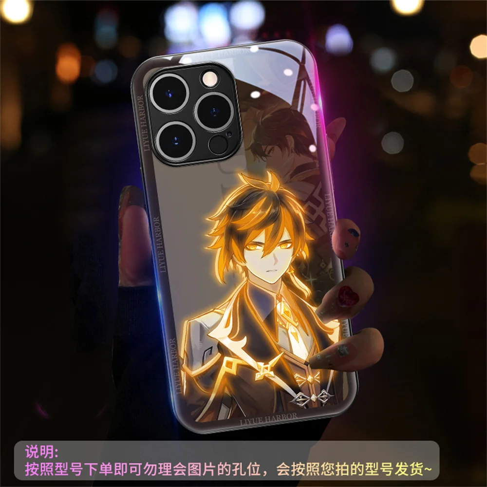 Cool Genshin Cartoon Pattern Smart LED Light Glow Tempered Glass Phone Case For iPhone Air 17 16 15 14 13 12 11 Pro Max Plus view 4