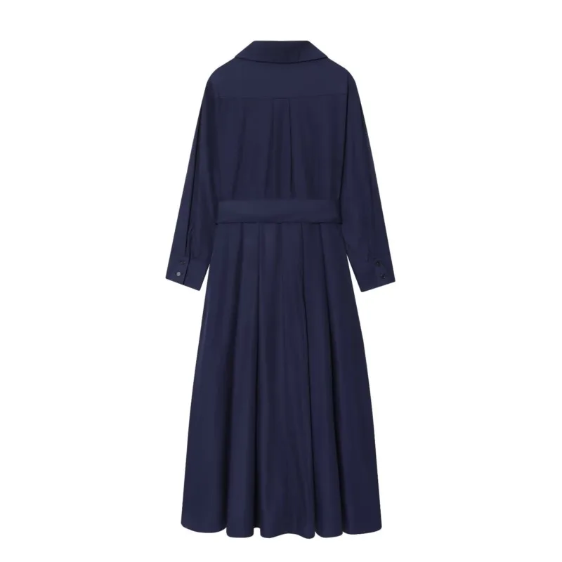 HipSeam Women Shirt Midi Dress With Belt Autumn Turn Down Collar Women's Dress Pocket Long Dress Pleated Hem Female Chic Dresses