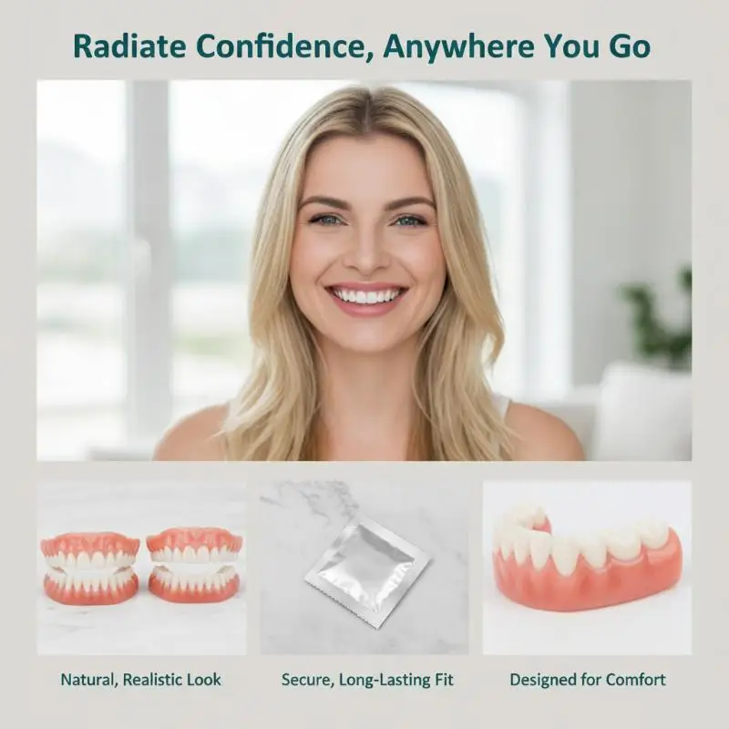 Upper & Lower Adjustable Dentures Set Full Mouth Food Grade Silicone Fake Teeth for Daily Oral Use