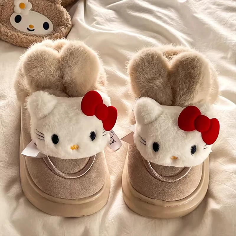 Sanrio Hello Kitty Boots Anime Snow Boots Autumn Winter Kawaii Women Soft Warmth Short Plush Cotton Shoe Cartoon Girl Flats Gift