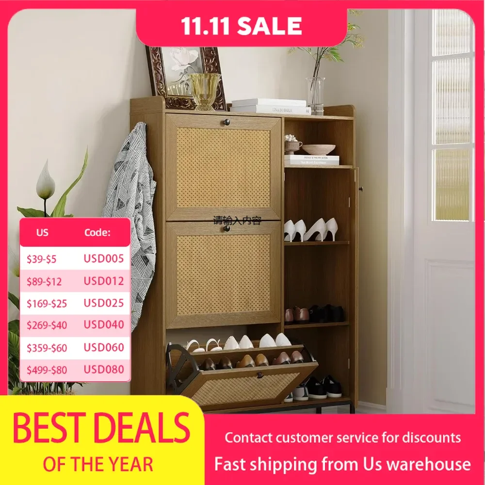 Shoe cabinet, hidden rattan shoe cabinet with 3 clamshell drawers for entrance, shoe cabinet with adjustable shelves