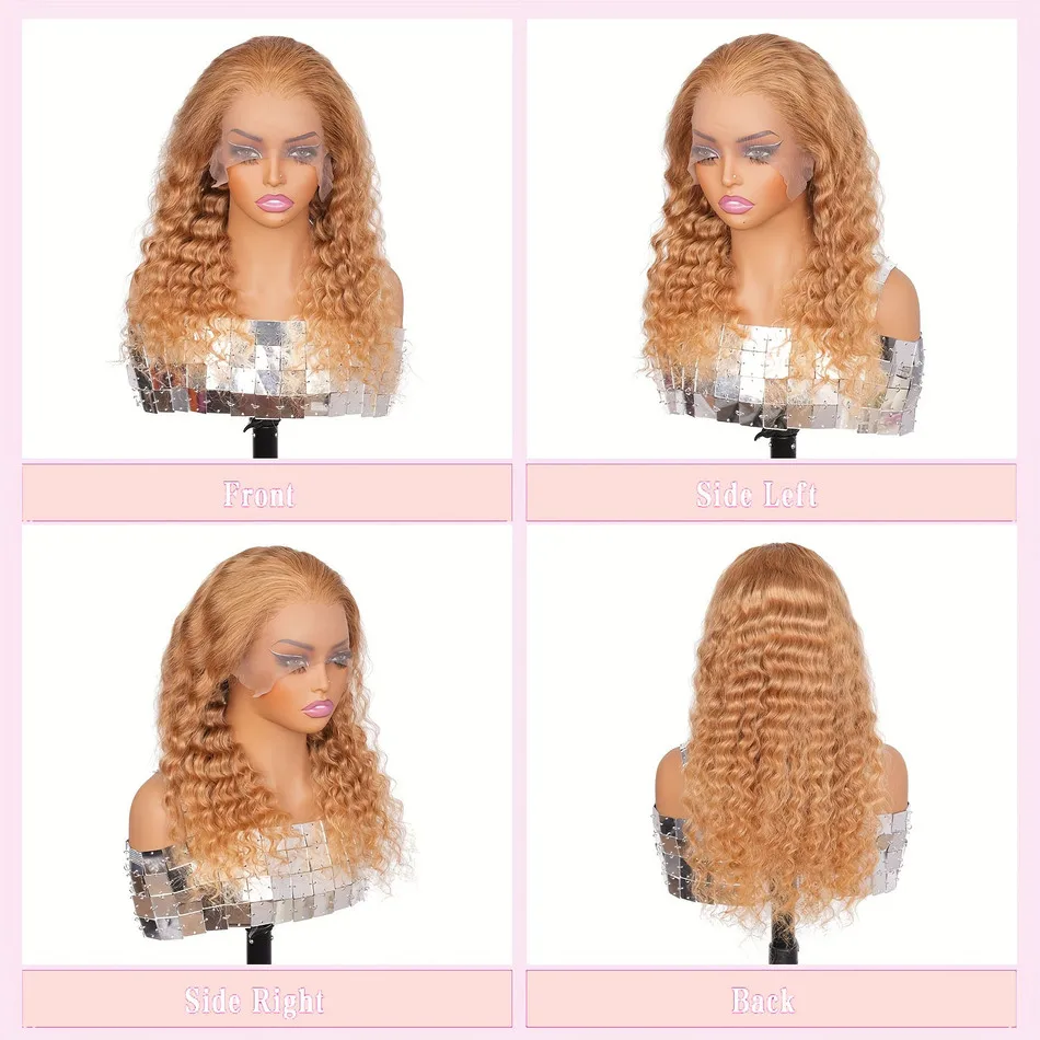 Deep Wave Honey Blonde Human Hair Wig #27 Curly HD Transparent Lace Front Wigs For Women Pre Plucked Wigs 200% Density 30 Inch image 2