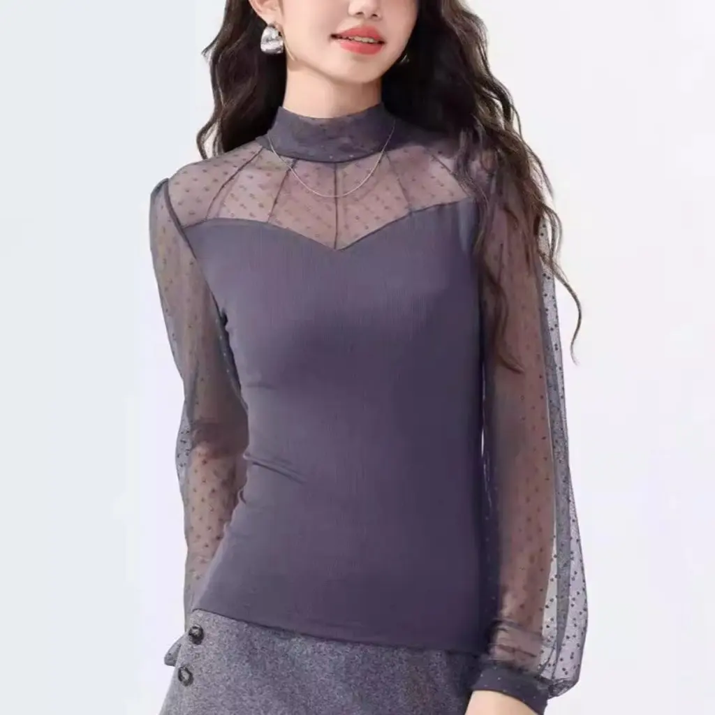 

Lace Top Women's Long-Sleeved Half-Turtleneck Mesh Inner Base Shirt plus Size Fall/Winter New Styline