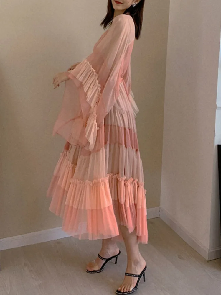 DEAT Woman Dress Pink Cake With Lined Mesh Flare Sleeve Drawstring Waist Elegant Fashion Beach Style 2024 New Summer 15HT424