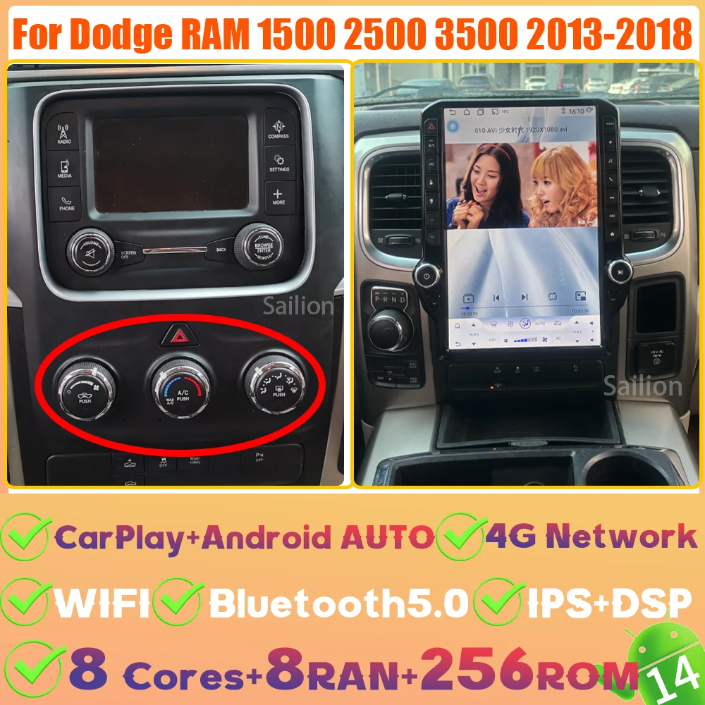 14.5 Inch Qualcomm Voor Dodge RAM 1500 2500 3500 2013-2018 Autoradio Android 15 Carplay Auto Scherm 4G Stereo GPS Video Speler - afbeelding 1