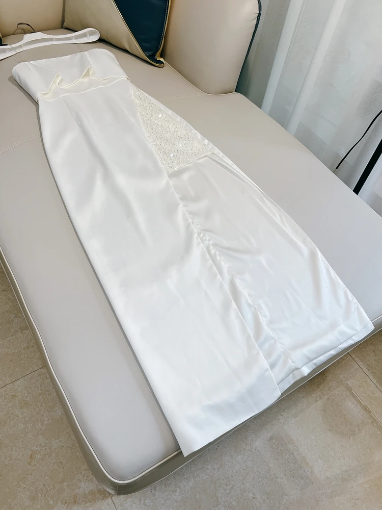 Sexy blanco Me vestido dividido con cuentas francés Sle cintura alta Svel envoltura asimétrica diseño en el pecho A-Line Dr para primavera S...