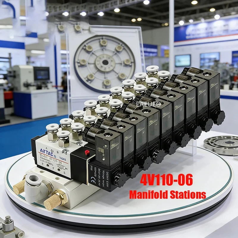 صمام لولبي Solenoid Valve Multi-way Combination4V110-06 Manifold Stations DC12V 24V AC220V with Fittings 5 Port 2 Position Solenoid الهواء المضغوط — تفصيل 1