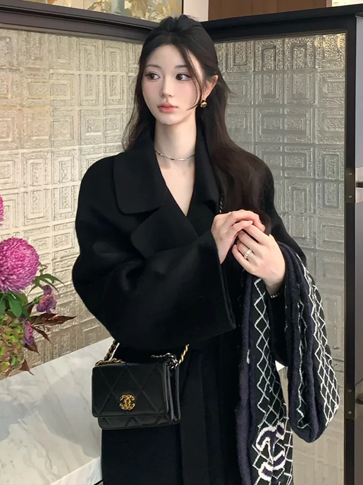 

Double-Sided Camere Bla Coat Women's Belted Slim Fit Robe Sle Woolen Outerwear Korean Sle Commute Thiened Long Sve