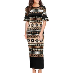 Elegant Evening Party Dresses Polynesian Tribal Clothing Samoa Tapa Fijian Brown Print Women Summer Bodycon Petals Sleeves