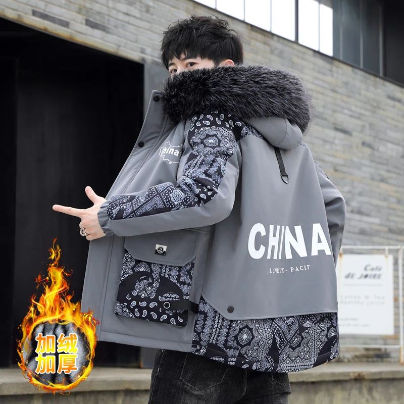 

Новая мужская парка в тон с мультяшным медведем, плюшевая и утолщенная модная повседневная теплая хлопковая куртка