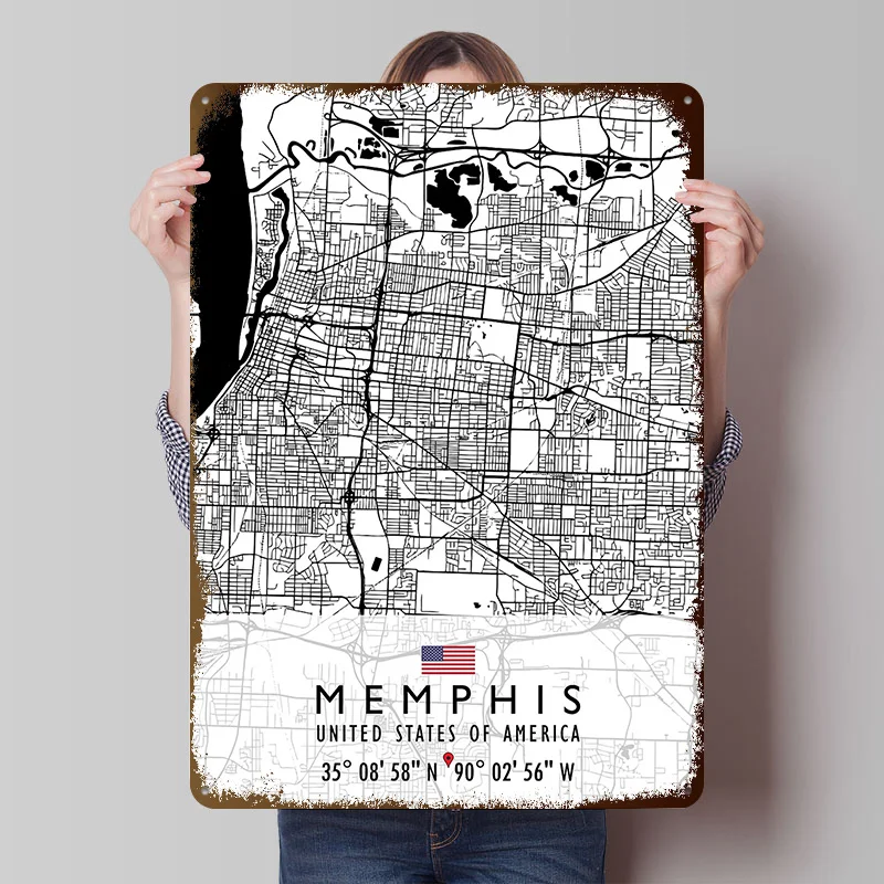 MEMPHIS MAP USA Tinplate Posters Customizable Wall Art Retro Vintage Metal Signs for Home Room Office Decoration Gaming Garden