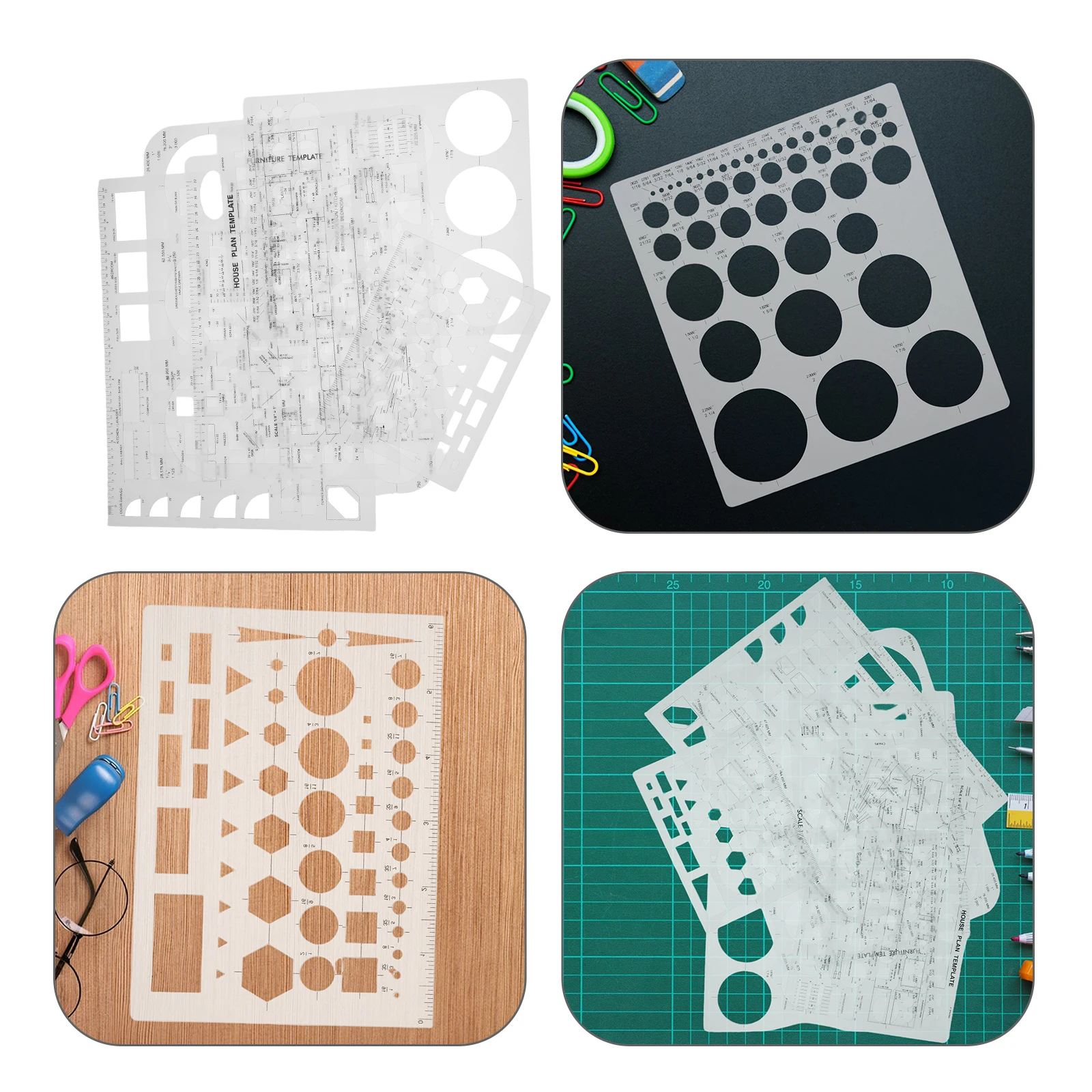 

6 pcs Geometric Drawing Templates Plastic Stencils Clear Ruler Shapes Measuring Tools For Architecture Office Studying Designing