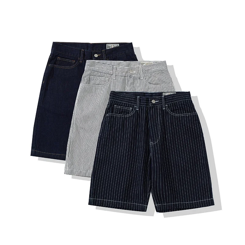 AMEKAJI Five-point Denim Pants Railway Striped Shorts Overalls Outdoor Hiking Sports Trekking Knickers Tooling Clothing