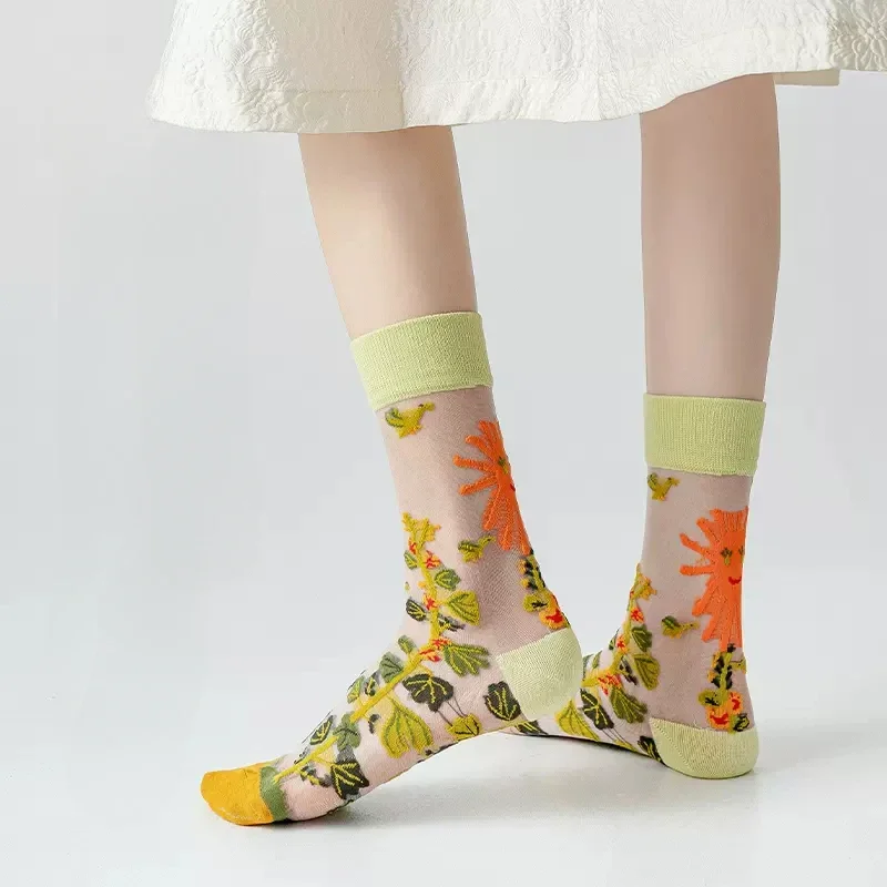 Summer Women Socks Floral Embroidery Ultra-thin Transparent Crystal Silk Socks Women Harajuku Vintage Elastic Nylon Long Socks