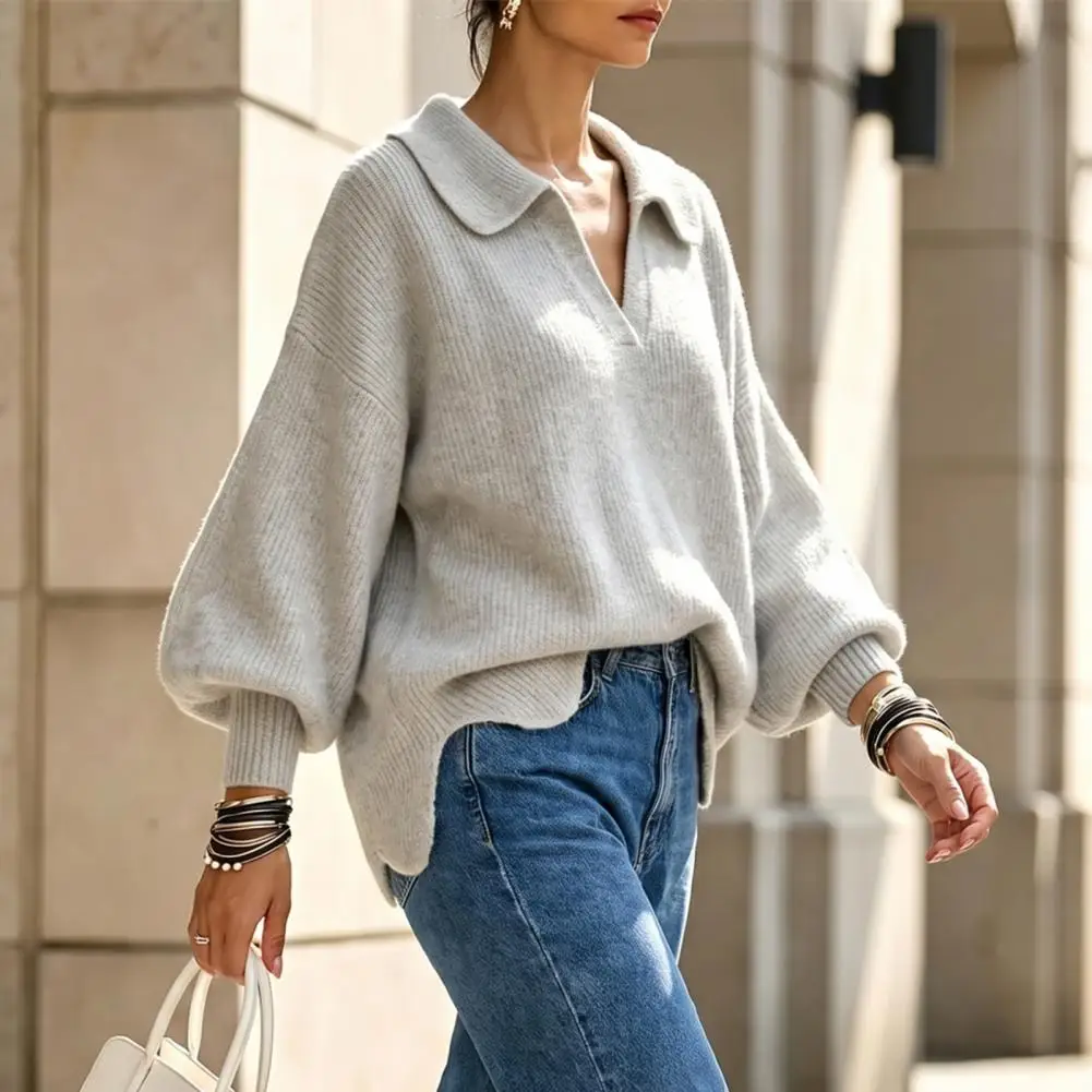Loose Fit Sweater Autumn Winter Knitted Sweater Women’s Lapel V-neck Pullover Solid Color Loose Fit Knitwear Outdoor Leisure