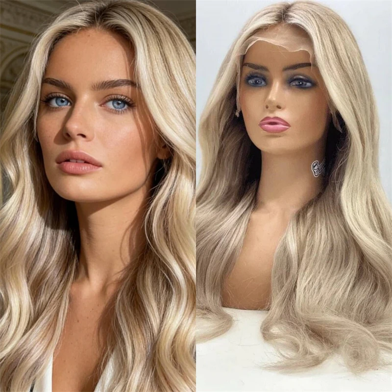 

Парик для косплея и повседневной носки, 13x4, омбре, светло-русый, синтетический, с HD-кружевом спереди, натуральные волны, термостойкий, из смешанных волокон и натуральных волос