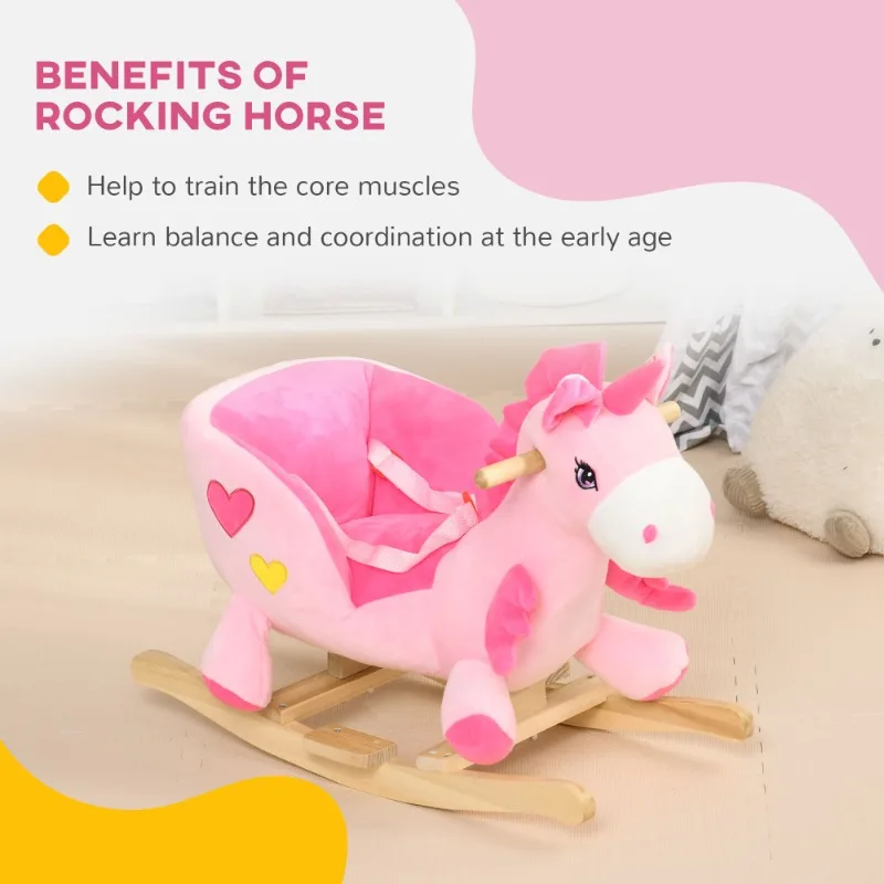 Pink Unicorn Plush Rocking Horse for Kids Soft Stuffed Ride On Toy with Wooden Base Children Toddler Animal Rocker Chair