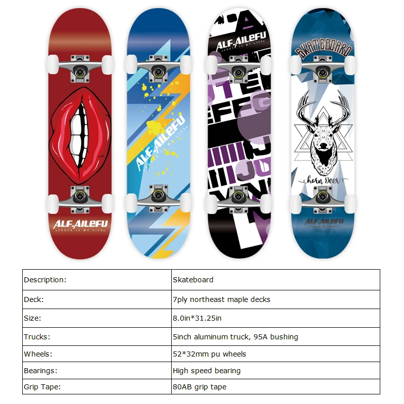 تصميم بالجملة رخيص لوح تزلج احترافي من خشب القيقب المخصص الخاص بك ألواح تزلج كاملة