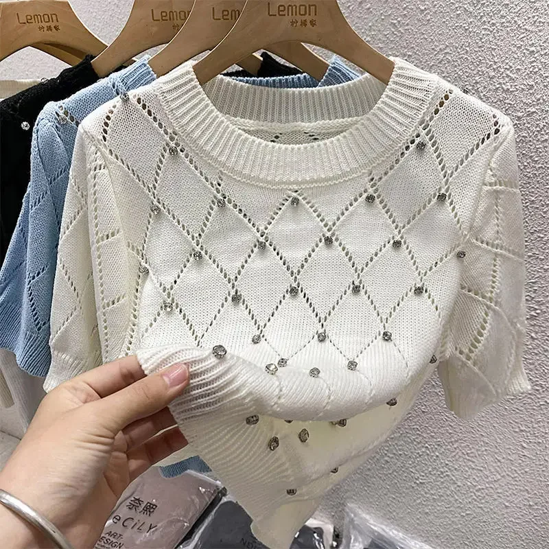 Neploe Solid Color Puff Sleeve T-Shirts 2024 Summer Hollow Out Niche Sweet Knit Tops Femme Korean Simple Casual O-Neck Tees