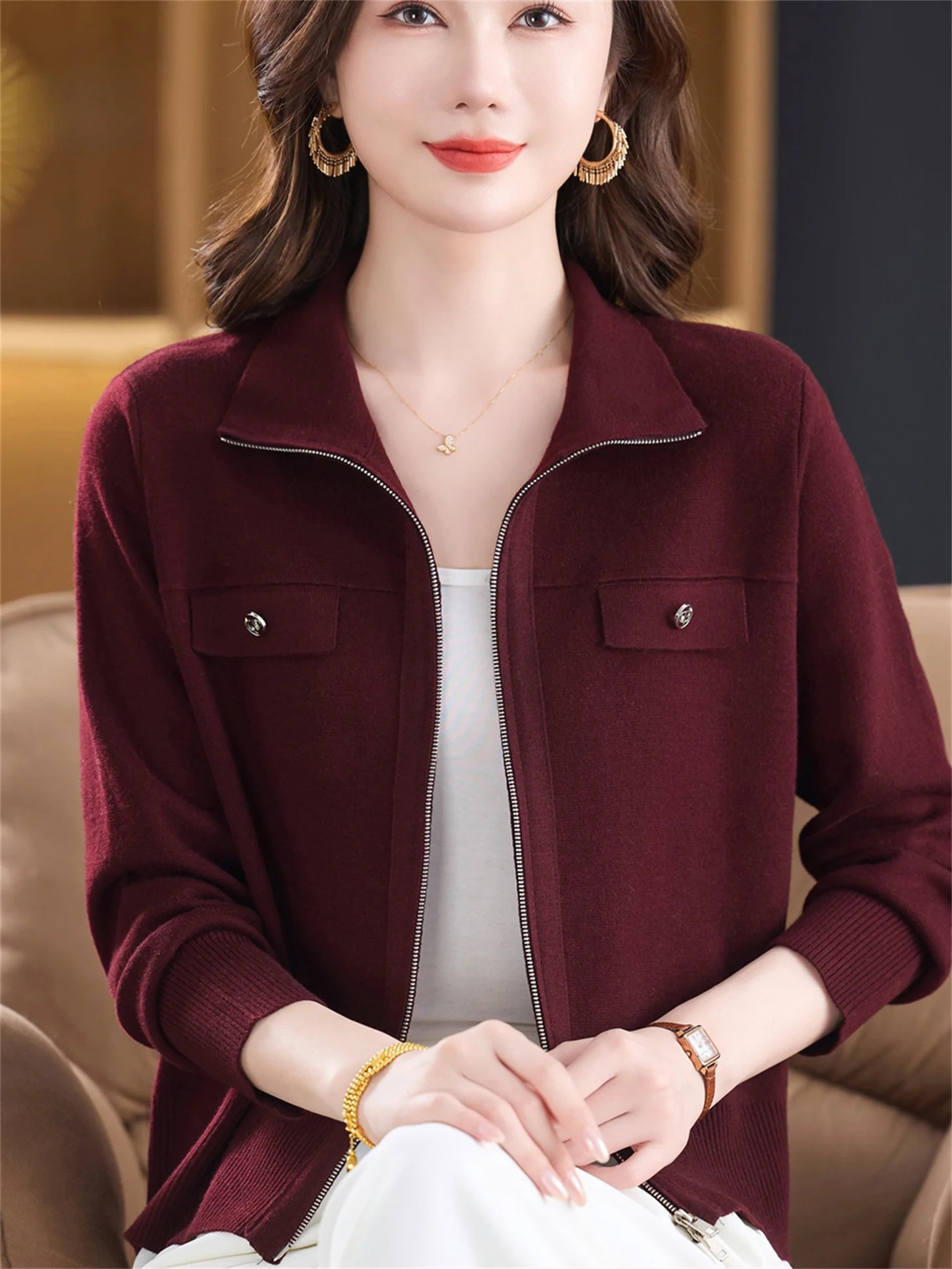 

Faionable Knitted Open Cardigan Loose Base Layer Outerwear for Middle-Aged Women Spring Autumn New Sle Turn-down Collar