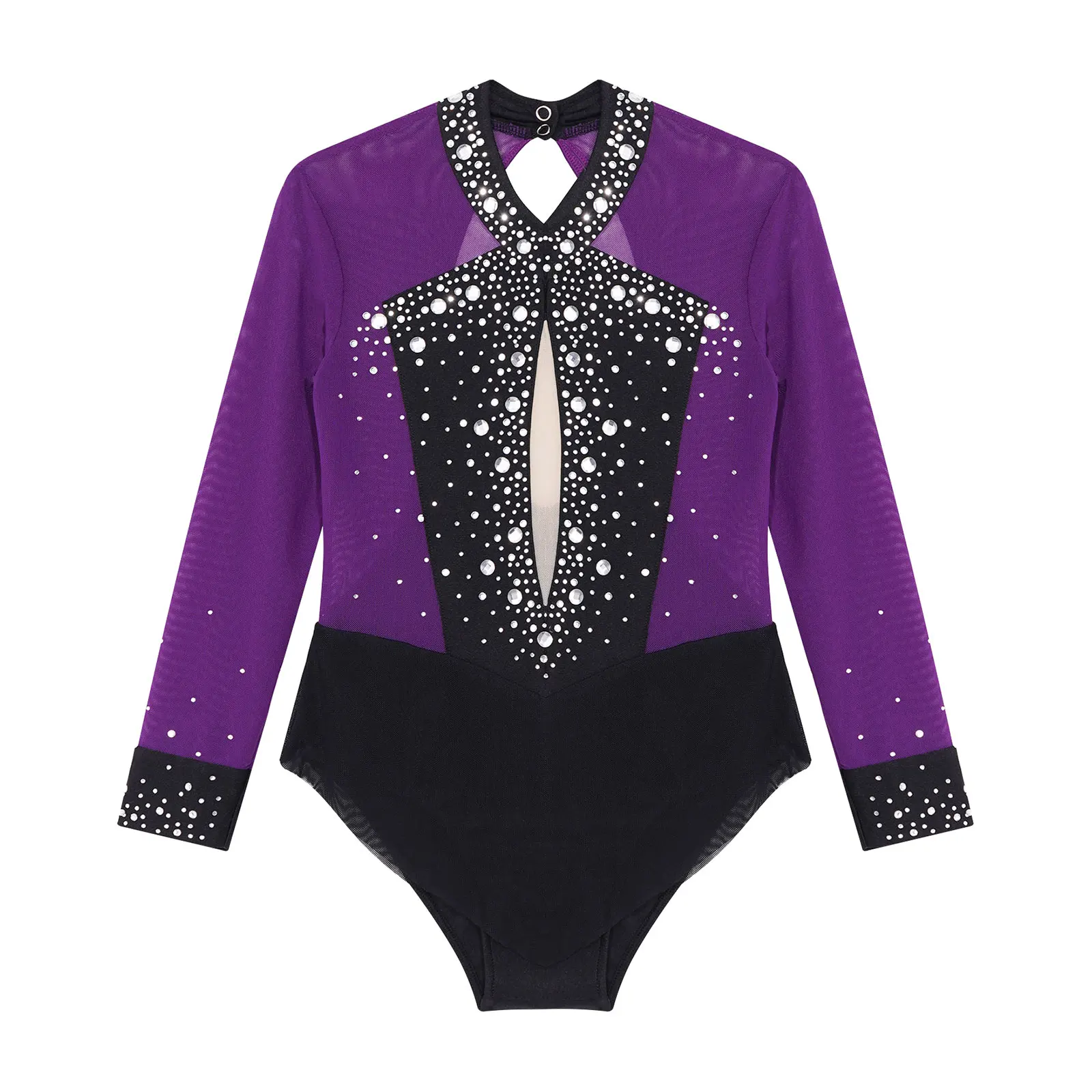 Girls Figure Skating Performance Bodysuit Ballet Rhythmic Gymnastics Dance Leotard Long Sleeve Rhinestone Sheer Mesh Dancewear