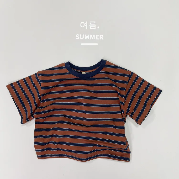 New Summer Boy Girl Children Thin Loose Striped T-shirt Baby Retro Casual Sports Short Sleeves Tops Fashion Cotton Simple Tees