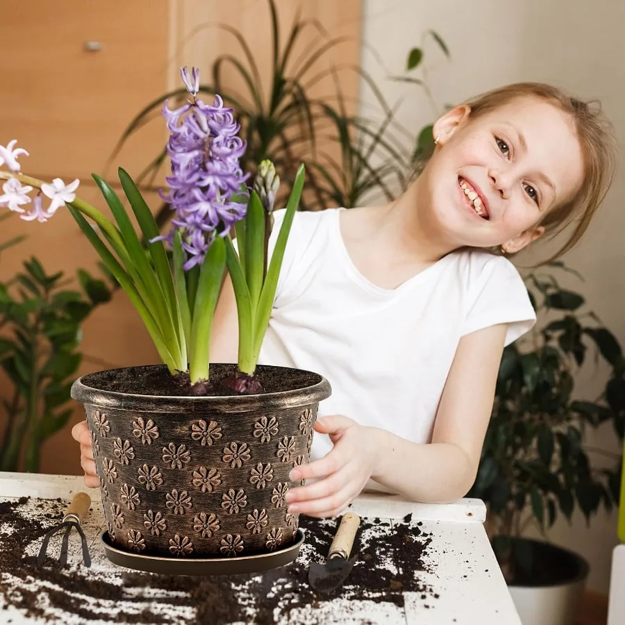 10 Inch Planter Pots for Plants 4 Pack Plastic Large Flower Pots Indoor Outdoor Resin Plant Pot with Drainage Saucer Retro Drat