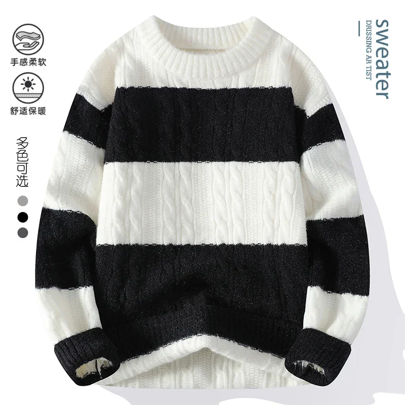 2024 Winter koreanischen Stil Pullover Männer Herren warme Pullover Herrenmode Pullover gestreifte Muster Herren Wollpullover männlich M-4XL