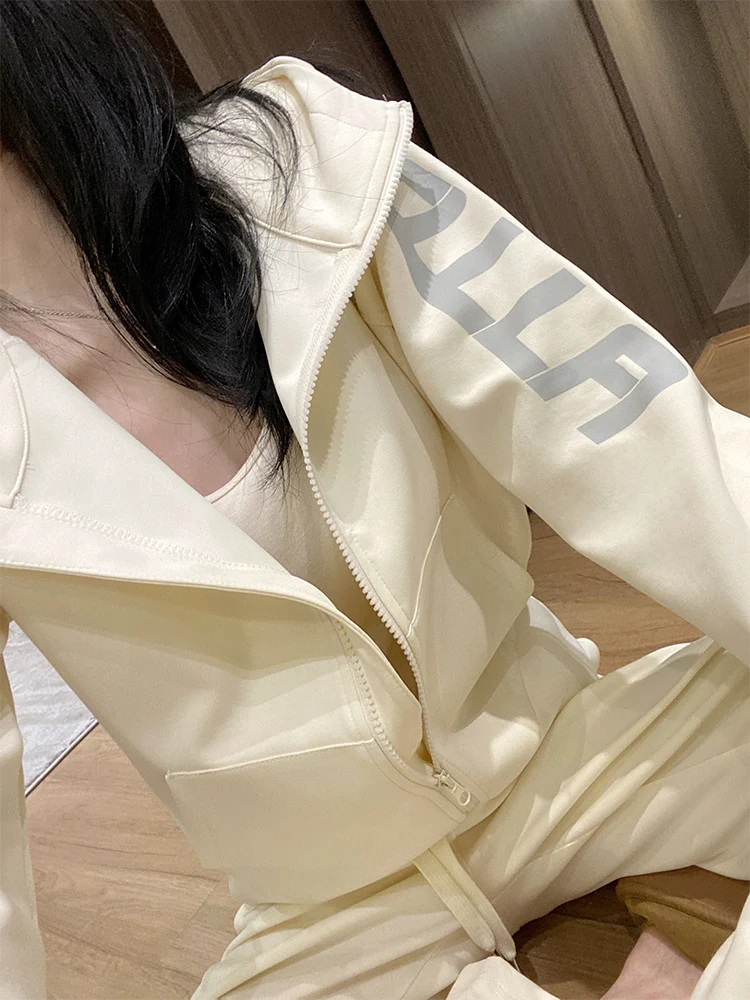 Autumn and winter fashion casual sports suit stylish apricot colored jacket wide leg pants two-piece set women's clothing S-2XL