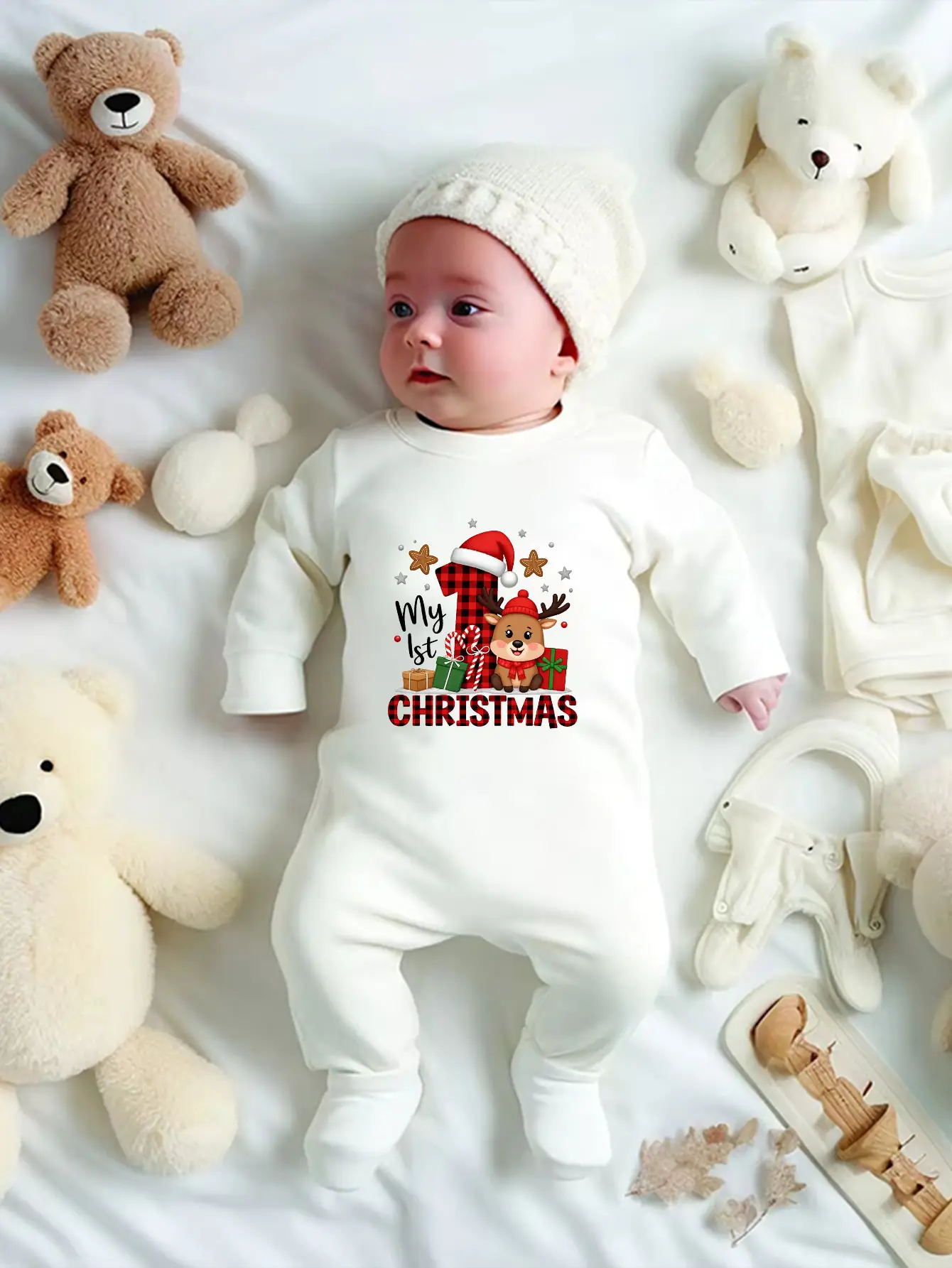 My First Christmas Baby Footed Romper Reindeer Plaid Print Long Sleeve Newborn Jumpsuit Infant Christmas Outfit Gift