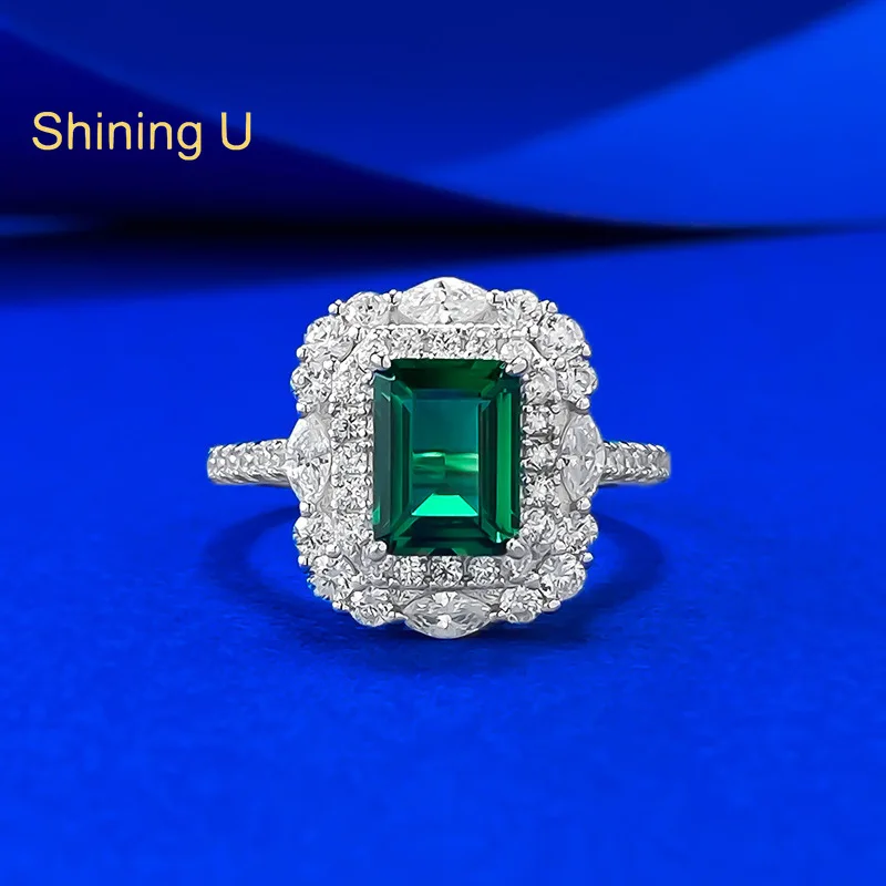 

Shining U 6*8mm Emerald Cut High Carbon Diamond 925 Sterling Silver Ring for Women Engagement