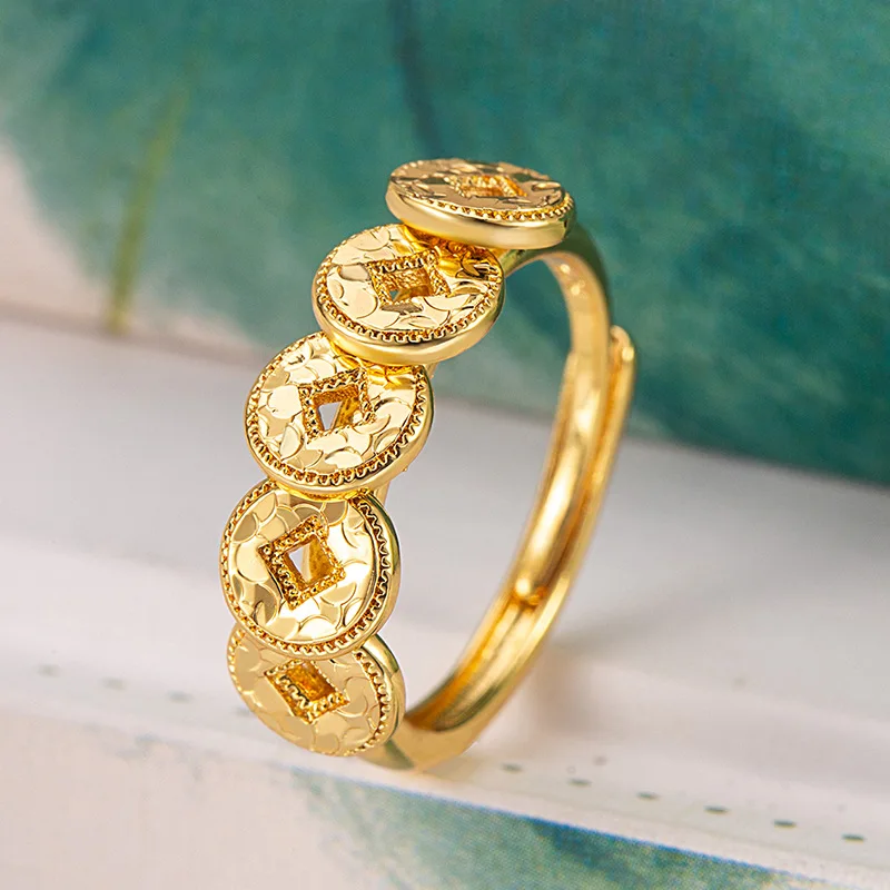 

Ретро-кольцо для богатства, монеты в стиле ретро «Пять императоров» принести удачу женщинам и женщинам. Открытое кольцо Five Blessings медное прико