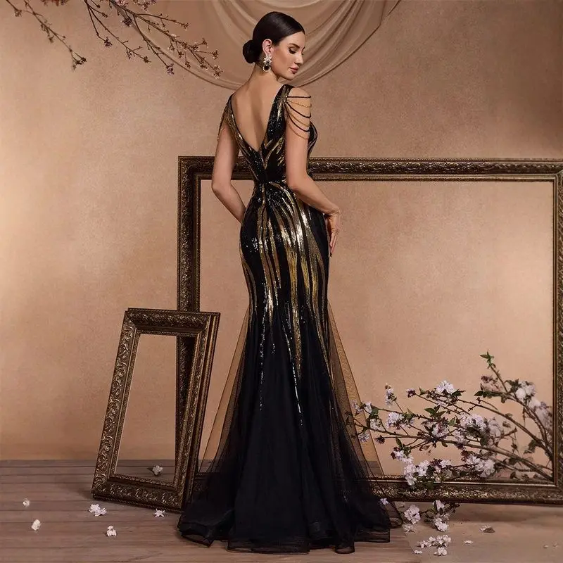 Ele Bla Fi Tail Evening Dr V-Ne Bridal Maids Dr Women's Faionable Cotail Par Gown ألياف البوليستر