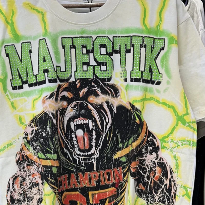 Green Graffiti Beast Print MAJESTIK Tshirt Men Women White Cotton Round Neck Short Sleeve Hiphop Treetwear Loose Top Tees