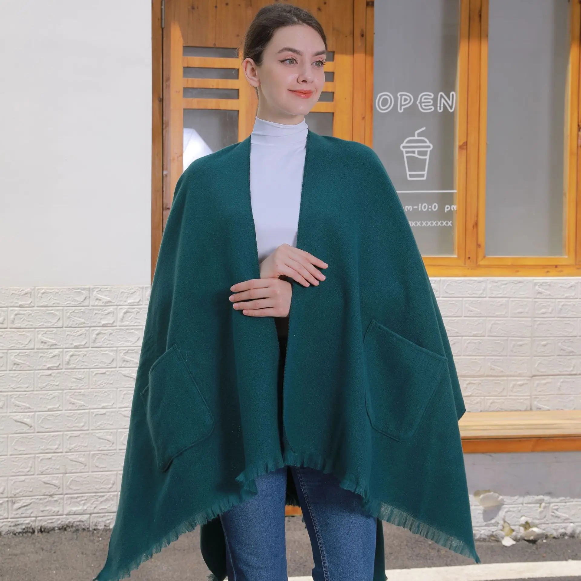 

Solid Women Autumn Warm Faux Cashmere Outerwear Wrap With Pocket Female Long Poncho Split Shawl Cape Loose Cloak Knitted Blanket