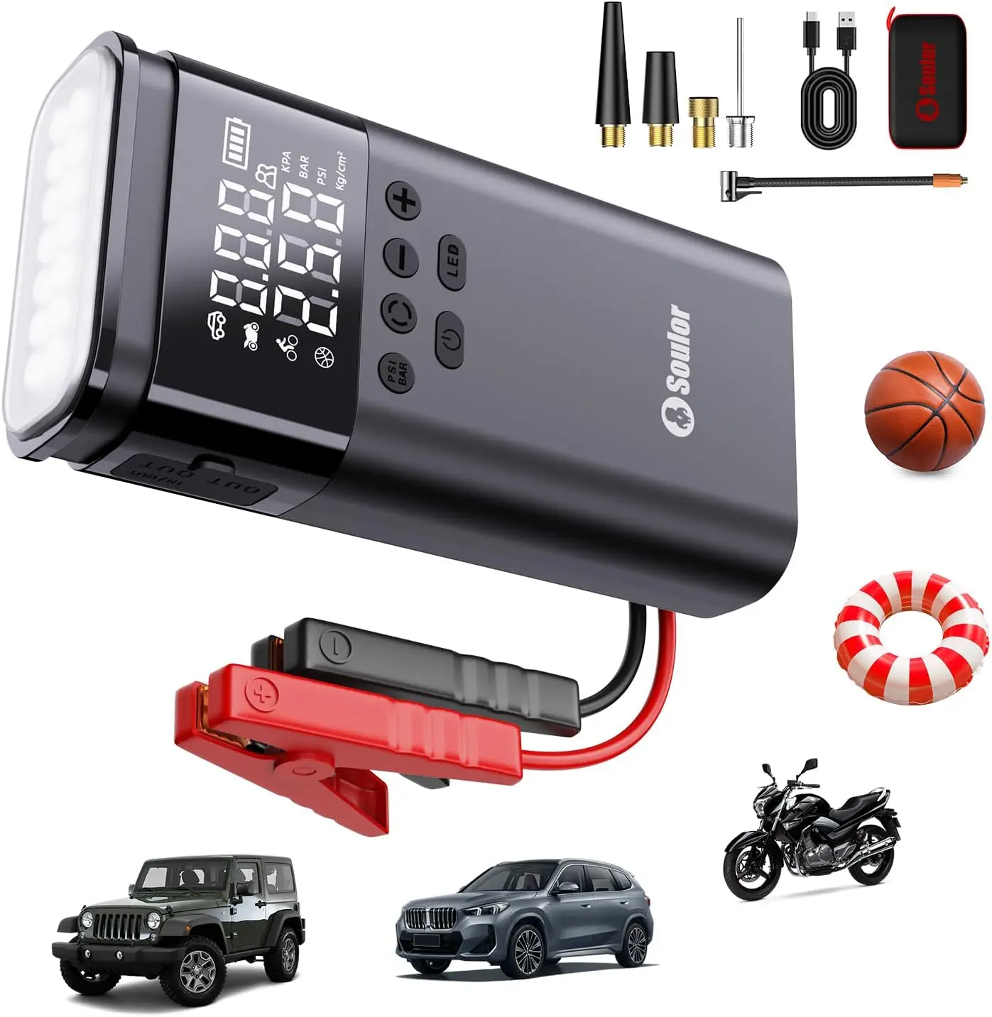 

6000A Portable Jump Starter with Air Compressor, 150PSI Tire Inflator, LED Light for All Cars