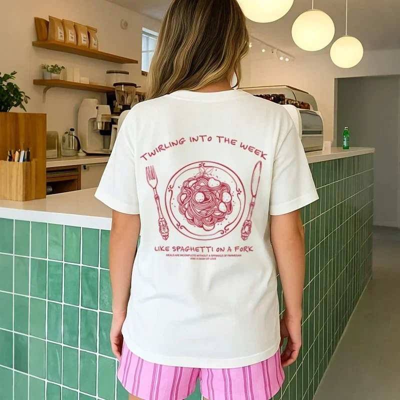 Camiseta con estampado de espalda de espagueti para mujer, camisetas con citas divertidas, camiseta Vintage para amantes de las Pasta, Top de manga corta Unisex de comida italiana bonita