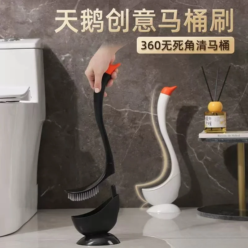 Swan shape toilet brush, household long handle toilet brush without dead ends, bathroom cleaning brush with base set