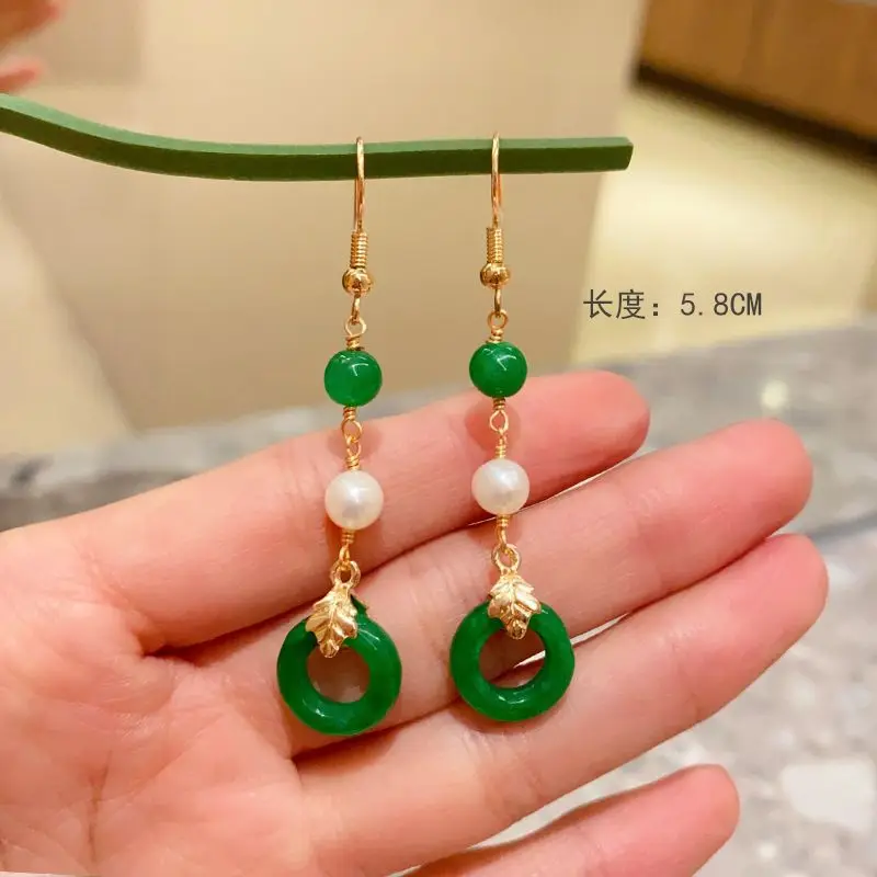 El yapımı doğal jadeite küpe ve dairesel kolye erkekler gelin altın düğün Unisex kristal
