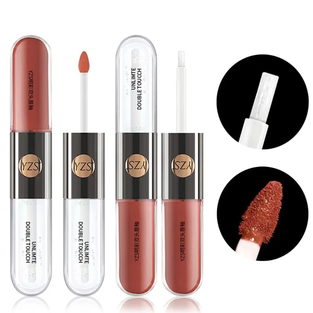 Matte Double Heads Lip Gloss Portable Mirror Silky Lipstick Moisturizing Non-Fading Lip Glaze Women