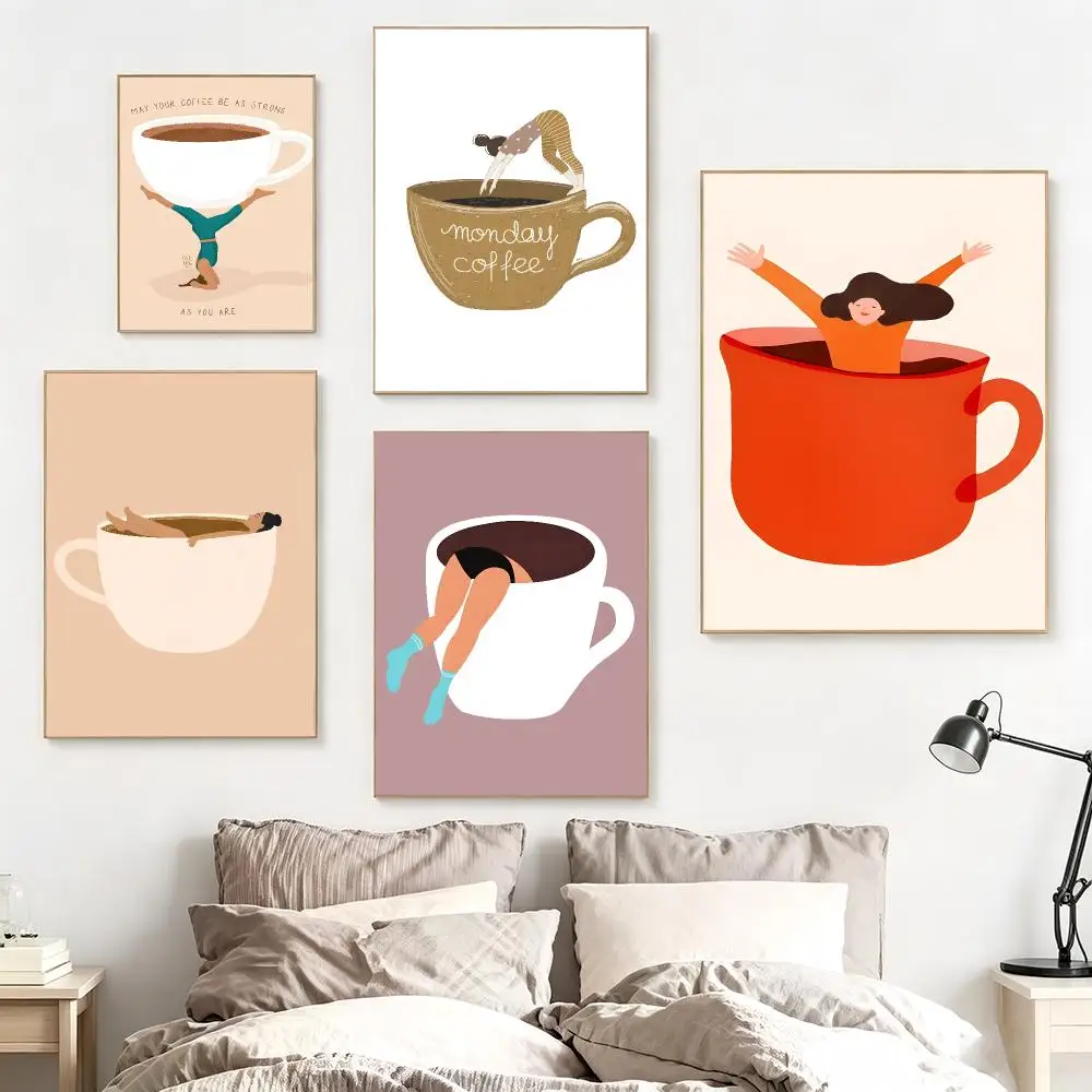 cartoon Funny Coffee Poster impermeable para el hogar sala de estar dormitorio bar decoracion estetica